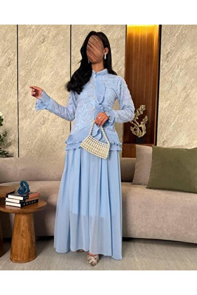 Narin Boutique Elegant sky-blue lace dress with a sophisticated design for special occasions