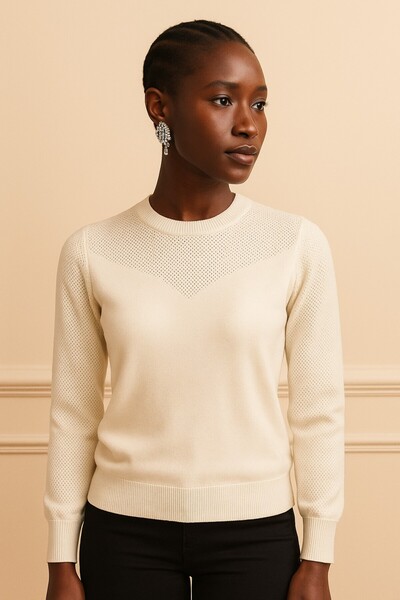 Okçu Triko FİLE ÖRGÜ DETAYLI BİSİKLET YAKA TRİKO KAZAK-26K74096-EKRU-16