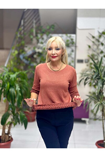 Punta Otantik Nc218181 Round Neck Knitwear with Leopard Inside Large Size Blouse Tile