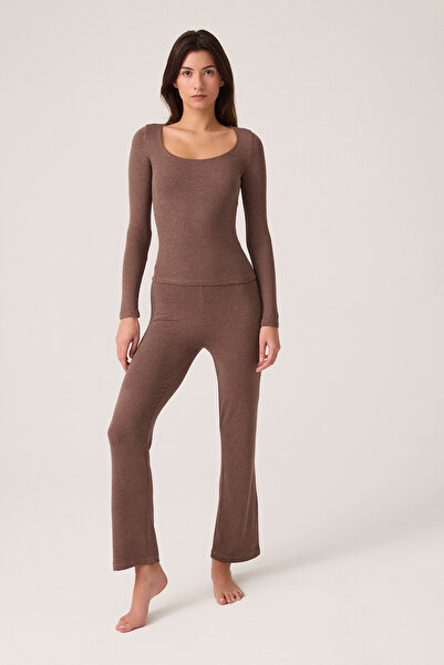 Los Ojos X Ece Brown Modal Fabric Long Sleeve Tracksuit Pajama Set Ribbed Pj2