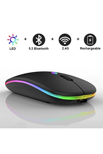 Genel Markalar PG-9009 RGB Işıklı Şarjlı Kablosuz Mouse – Bluetooth 2.4G Sessiz Ergonomik Oyun Ofis Mouse