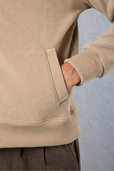 Valiberta Ron Selanik Knitted Plush Inside Double Zipper D Mock Neck Men's Cardigan Sweatshirt - Beige