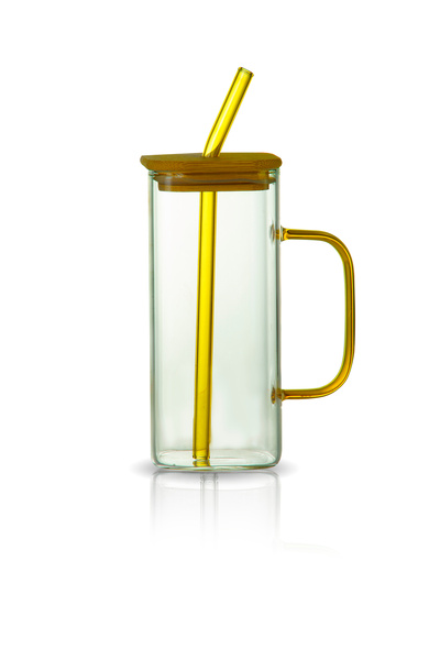 Store Bambu Kapaklı Renkli Pipetli Borosilikat Cam Bardak