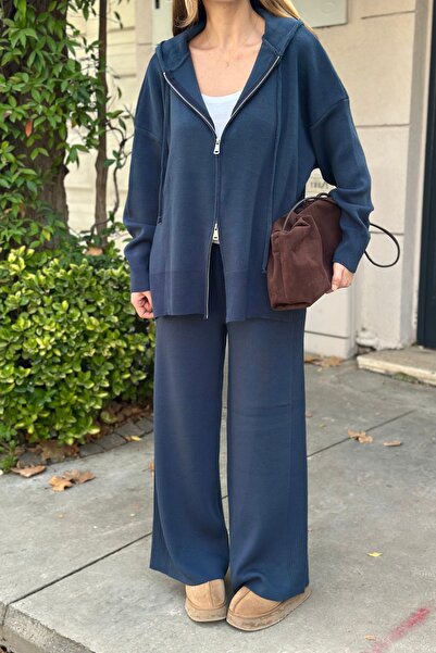 Laluvia Navy Blue Zippered Hooded Knitwear Set - 0511