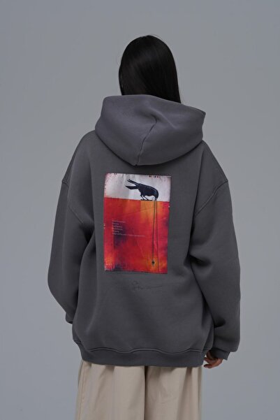 fame-stoned Karga Sol Logo, Back Printed , Printed , Embroidered Unisex 100% Cotton Hooded Gray Sweatshirt