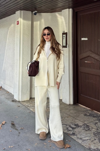 Laluvia Cream Zippered Hooded Knitwear Set - 0511