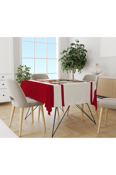 Evmila Christmas Themed Red Line Patterned Digital Printed Tablecloth