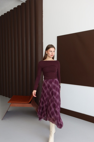 FEHUBLOOM Kadın Mürdüm Kareli Astarlı Şifon Etek