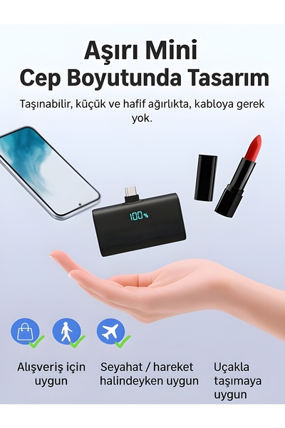 ÇELİKWORK FP07 5000mAh Powerbank – Type-C 20W Hızlı Şarj, Taşınabilir Mini LCD Ekranlı Telefon Bataryası