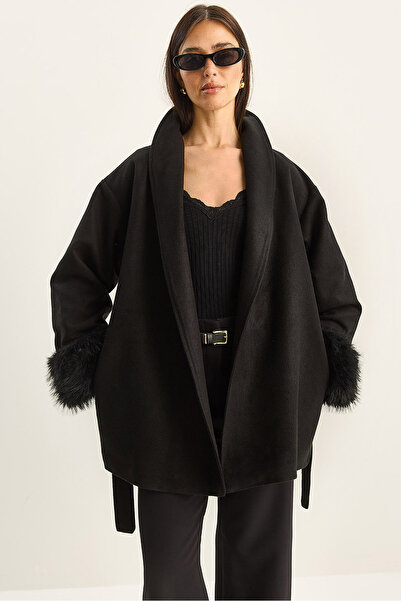 Bianco Lucci Women's Sleeves Fur Detailed Belted Cashmere Coat 60582 60283795