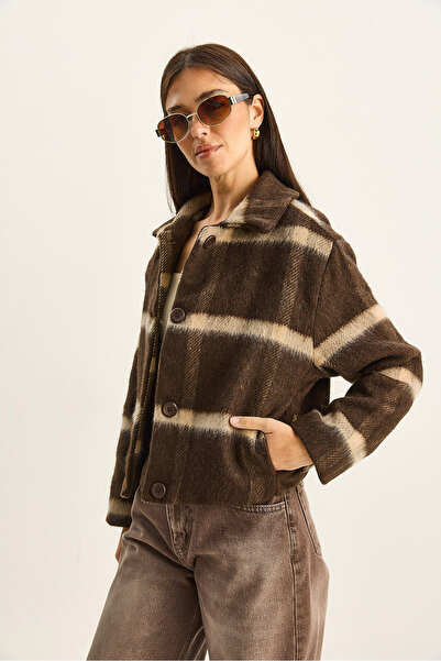 Bianco Lucci Women's Pocket Detailed Lined Plaid Coat Dm251001 60283719