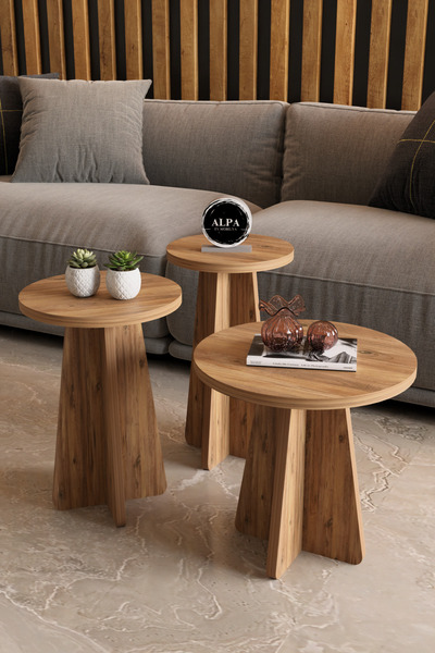 alpaevmobilya Mantar 3'lü Yuvarlak Zigon Sehpa, Salon Sehpa Takımı, İskandinav Stil, Yan-Orta Sehpa