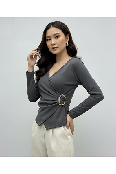 ns nirvana secret Double Breasted Long Sleeve Buckle Blouse