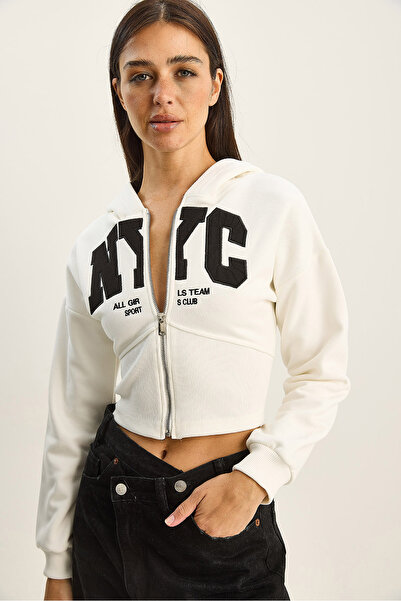 Bianco Lucci Women's Nyc Embroidered Three Thread Sh Fleece-Lined K Hooded Crop Cardigan 6942 60283794