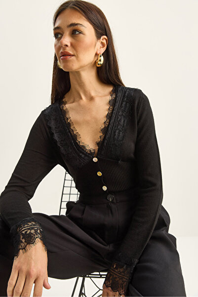 Bianco Lucci Women's V-Neck Lace Detailed Long Sleeve Knitwear Cardigan Th251066 60283798