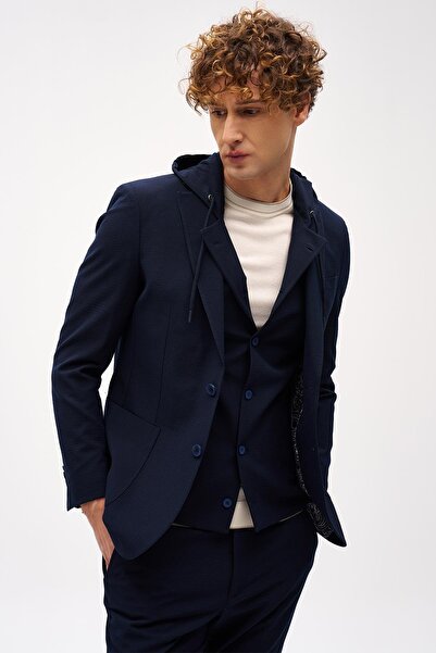 İgs بدلة رجالية باللون الأزرق الداكن قصة ضيقة / بدلة ضيقة ذات ياقة مفردة