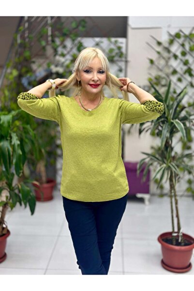 Punta Otantik Nc218181 Round Neck Knitwear with Leopard Inside Large Size Blouse Pistachio