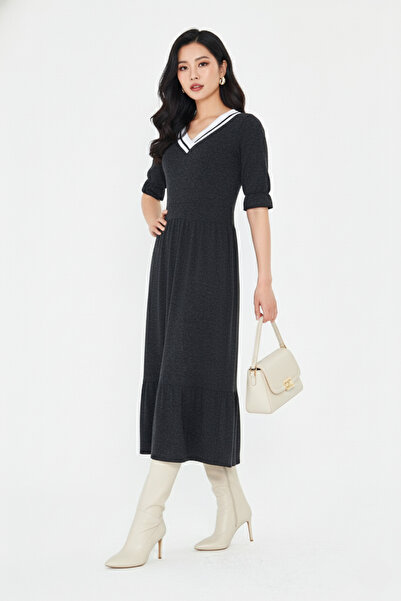 CrazyShopping Rochie de damă cu mânecă scurtă material elastic din material subțire din viscoză cu decolteu în V