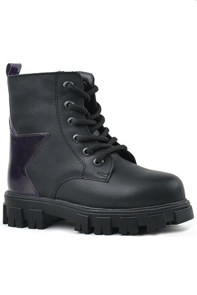Rakerplus Black Genuine Leather Platinum Star Detailed Girls' Boots