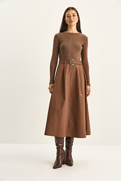 Bianco Lucci Women's Belt Detailed Paneled Poplin Midi Dress 2808 60283792