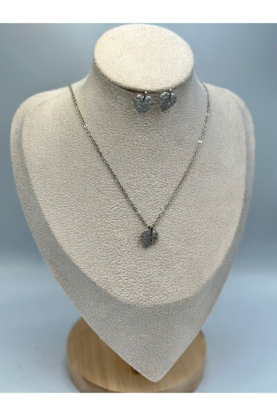 MyladyAccessoriess Zirkon Taş Detay Yaprak Çelik Set Takı