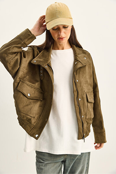 Bianco Lucci Γυναικείο μπουφάν με ψηλός λαιμός τσέπες με φερμουάρ, λεπτομερές επένδυση oversized από τεχνητό σουέτ 9030 60283796