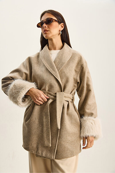 Bianco Lucci Women's Sleeves Fur Detailed Belted Cashmere Coat 60582 60283795