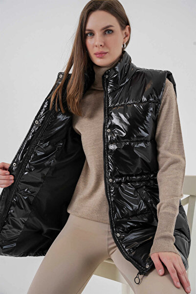 hazelin Women's Black Shiny Lined Puffer Vest Hzl25W-Bd152181
