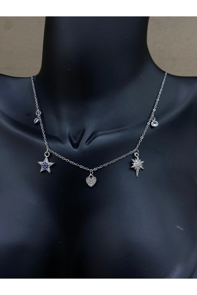 resse aksesuar Kararmaz Çelik Silver Charmlı Şans Kolyesi