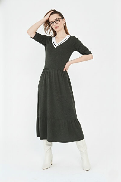 CrazyShopping Women's Short Sleeve Stretch Fabric Knitted Viscose V-Neck Dress