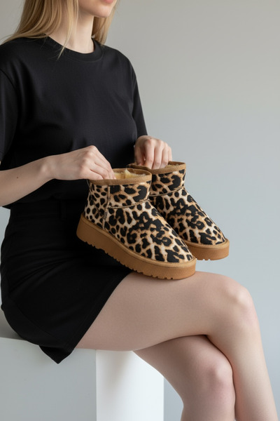 Adım Dünyası Women's Leopard Patterned Plush-Lined Winter Boots – Comfortable Thick Sole Casual Model
