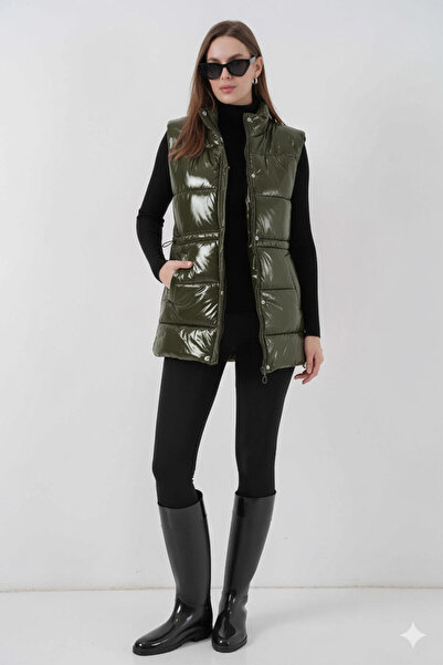 hazelin Women's Khaki Shiny Lined Puffer Vest Hzl25W-Bd152181