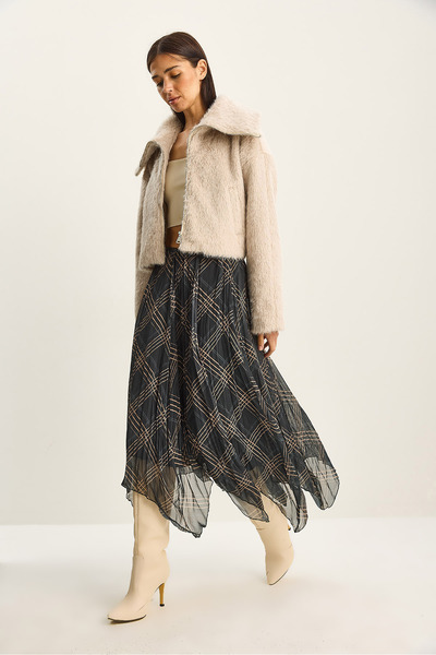 Bianco Lucci Women's Plaid Patterned Wrinkled Effect Lined Midi Chiffon Skirt De251105 60283760