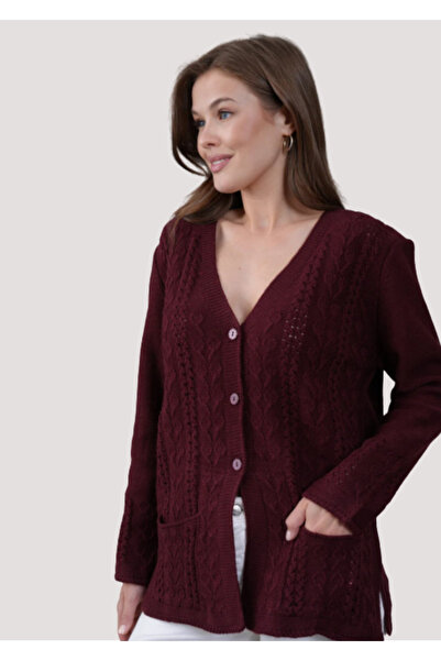 Stilmony Women's Mother Plus Size Chain Flower Motif Button Closure Cardigan