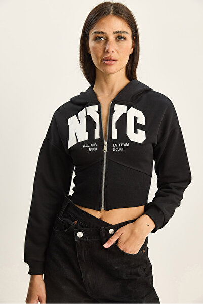 Bianco Lucci Women's Nyc Embroidered Three Thread Sh Fleece-Lined K Hooded Crop Cardigan 6942 60283794