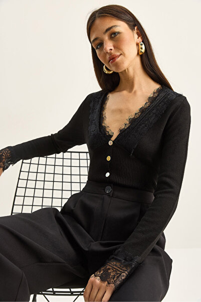 Bianco Lucci Women's V-Neck Lace Detailed Long Sleeve Knitwear Cardigan Th251066 60283798