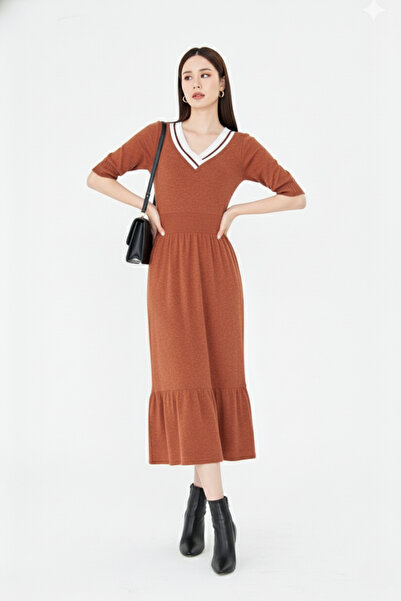 CrazyShopping Γυναικείο κοντομάνικο φόρεμα ελαστικό ύφασμα πλεκτό βισκόζη με λαιμόκοψη σε σχήμα V