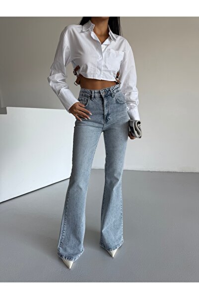 KOTOLOG Pantaloni de damă evazat Y talie înaltă L material elastic confortabili, spălați cu zăpadă, blugi