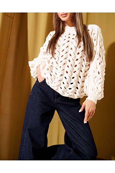 Lavanta Tekstil Hollow Out Knit Balloon Sleeve Sweater