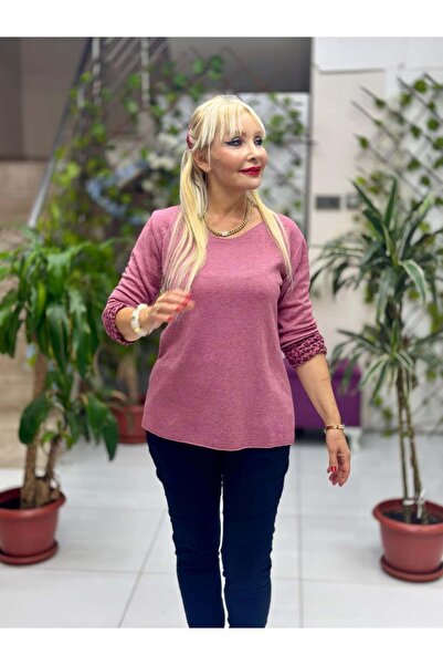 Punta Otantik Nc218181 Round Neck Knitwear with Leopard Inside Large Size Blouse Dusty Rose