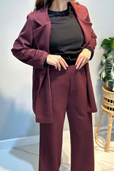 Lale Butik Women's Knitted Cupra Blazer Jacket Pants Set 7372 Burgundy