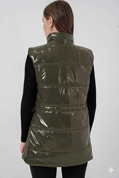 hazelin Women's Khaki Shiny Lined Puffer Vest Hzl25W-Bd152181