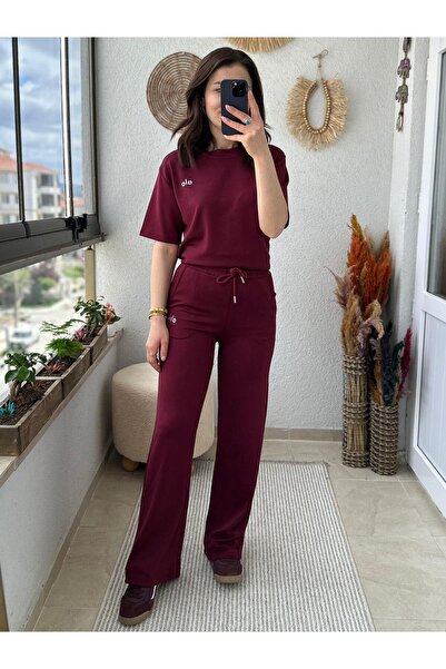 TUNAM BUTİK Modal Fabric Logoed Double Set Burgundy