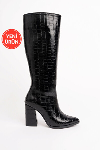 MARSHETTA Γυναικείες μπότες Legend Model Μαύρες με μυτερή μύτη κροκόδειλου με χοντρό τακούνι και φερμουάρ στο πλάι