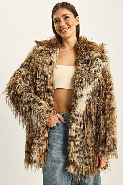 Bianco Lucci Women's Leopard Print Collared Lined Premium Faux Fur Coat 2847 60281127