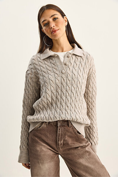 Bianco Lucci Women's Hair Knit Polo Neck Buttoned Knitwear Sweater Tk251120 60283789