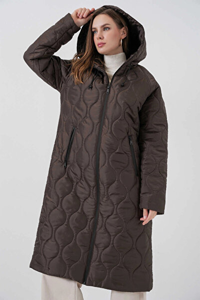 hazelin Women's Brown Hooded Quilted Long Puffer Coat Hzl24W-Bd151771