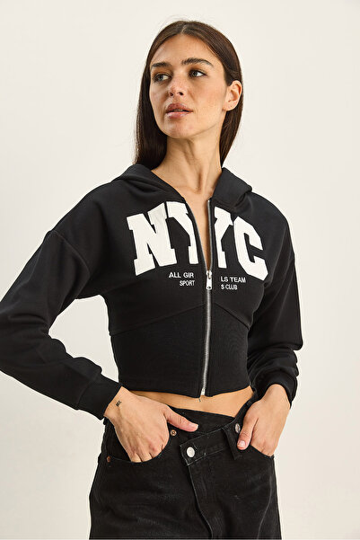 Bianco Lucci Women's Nyc Embroidered Three Thread Sh Fleece-Lined K Hooded Crop Cardigan 6942 60283794