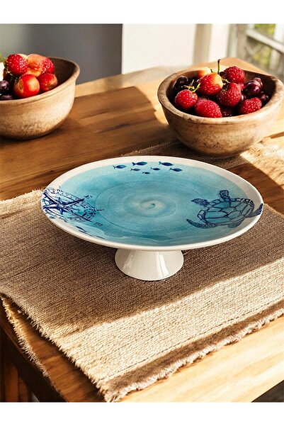 Home Mavi Balık Desenli Ayaklı Kek ,Pasta Standı,28*11 cm