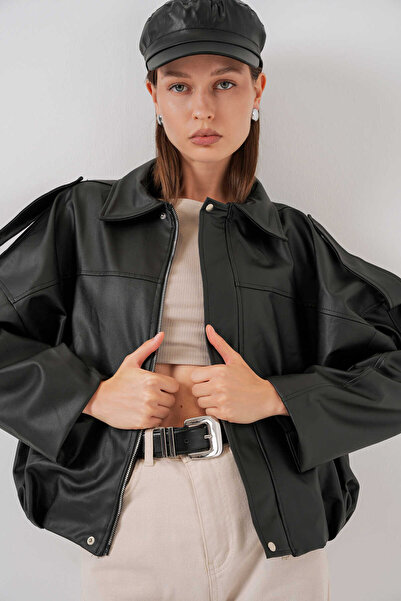 TENA Women's Oversized Leather Jacket with Shoulder Epaulettes